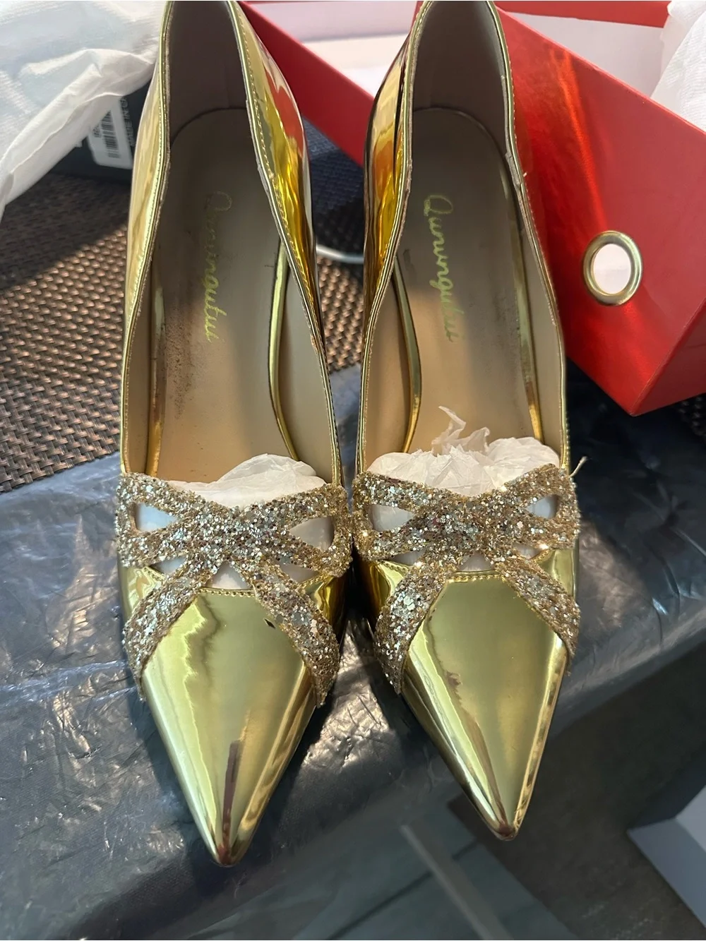 Gold Pointed-Toe Women's Flats with Glitter Bow